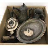 A box of assorted metal ware items.