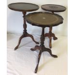 3 vintage tripod wine tables with turned pedestal bases. 2 with leather top inlay.