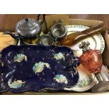 A box of assorted items to include ceramics, silver plated tea set, glass oil lamp and wooden items.