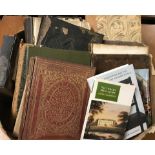 A box of assorted vintage books to include a National family bible and scrap book.