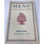 Southern Railway Restaurant car Menu and Wine list card.