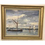 Ivan Lilley signed oil on board "After the Barge Race, Pin Mill." Dated 1982 to lower right.
