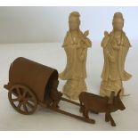 2 cream plastic oriental lady figures together with a miniature oriental wood carved wagon and ox.