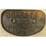 Original cast iron railway 20T wagon plate #B885295