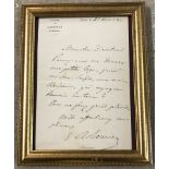 A framed and glazed Romaine hand written letter on Cabinet du Ministre de L'Interiour letterhead.