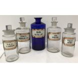 5 vintage glass chemist's jars with labels.
