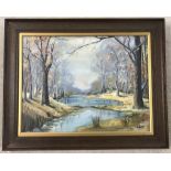 J Watson - oil on artist's board - woodland river scene.