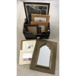 A box of assorted pictures, frames and mirror.
