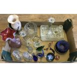 A box of assorted glass ware items to include Caithness Paperweight, vintage vases and glass animals