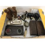 A box of misc items to include desk inkwell and pen rest, vintage boxed dominoes and draughts and
