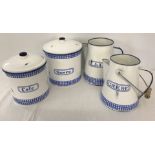 A collection of French enamel kitchen ware items.