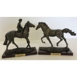 Two boxed resin bronze effect race horse figures on named plinths.