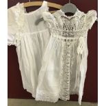 A Victorian fine muslin christening robe with cotton under dress and cotton bonnet.