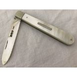 A silver blade fruit knife with mother of pearl handle.