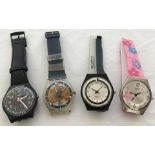 4 vintage Swatch watches on original straps.