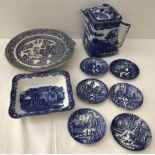 A small collection of blue and white ceramic items.