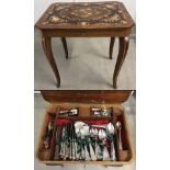 A Sorrento inlaid musical cutlery table, containing a 77 piece silver plated canteen of cutlery.