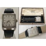 A 1940's gents square steel Bumper automatic wristwatch with unique spark eroded finish dial.