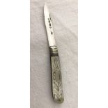 A Victorian silver fruit knife with mother of pearl handle.