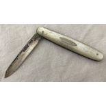 A silver blade fruit knife with mother of pearl handle.