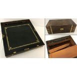 A 19th century wooden writing slope with brass inlay and blank cartouche to top.