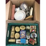 A box of kitchenalia together with a box of advertising tins.