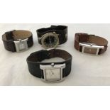 4 analogue wristwatches with brown leather straps.