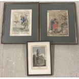 2 x 18th/19th century political cartoons, together with a coloured print of St. George's Church.