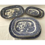9 ceramic blue and white willow pattern meat platters / serving dishes of various sizes.