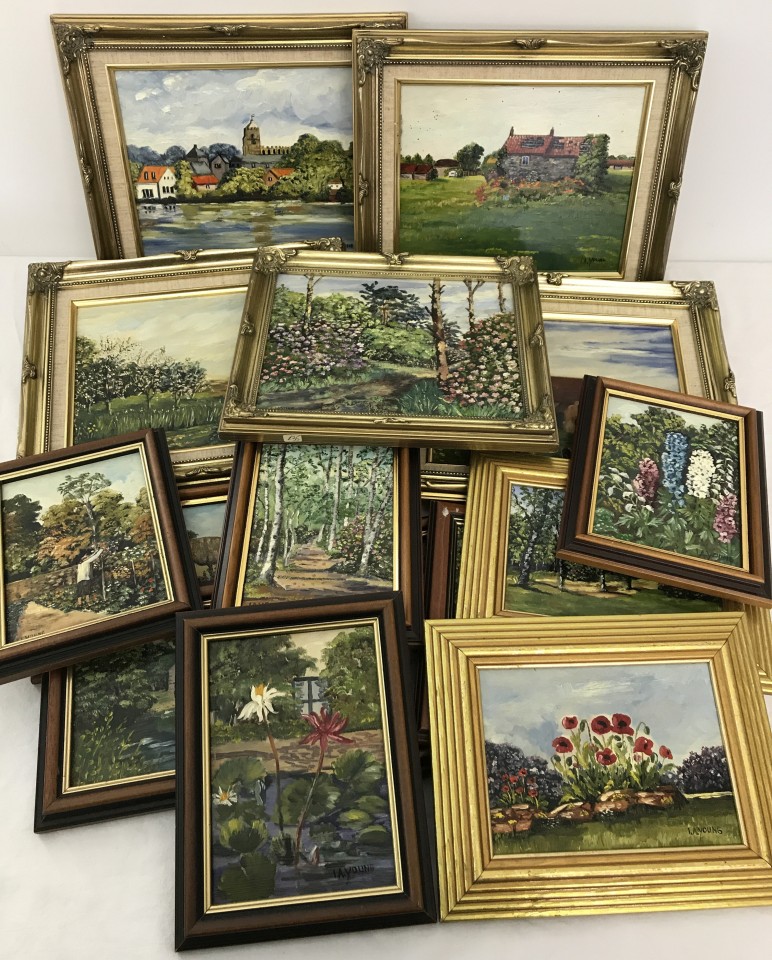 A collection of gilt framed oil on board by local artist I.A. Young, all depicting local scenes.