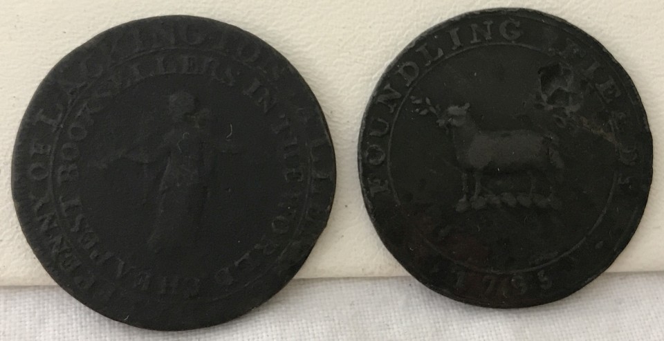 2 x 1795 London/Middlesex half penny copper tokens.