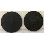 2 x 1795 London/Middlesex half penny copper tokens.