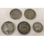 5 x Victoria & Edward VII silver one shilling and sixpence coins.