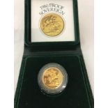 A cased 1980 Proof Sovereign gold coin with leaflet.