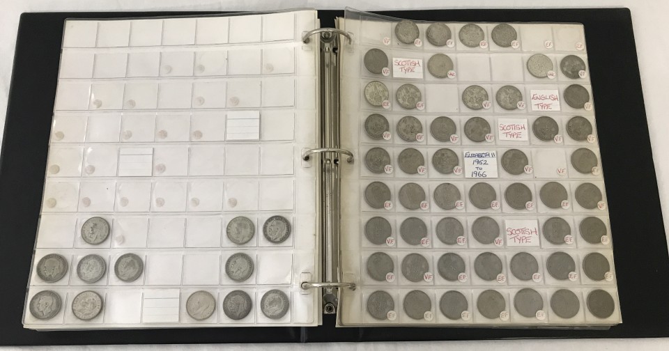 A blue folder containing British 'silver' coins c1920 onwards.