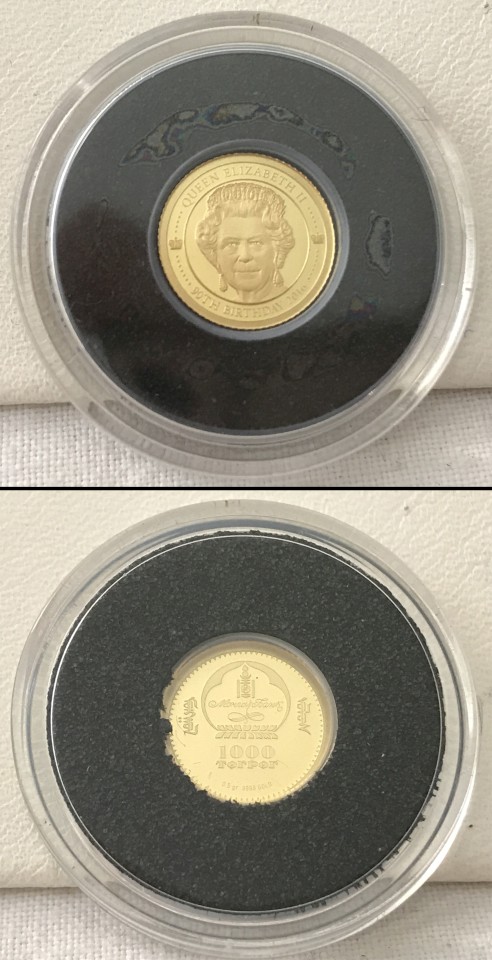 A Mongolian 24ct solid gold proof 1000 Torpor coin, commemorating Queen Elizabeth II's 90th birthday