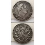 William IV, silver 1 Ruppee coin. Dated 1835. Marked 'East India Company'.