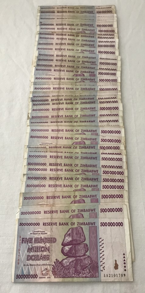 Approx. 52 x Zimbabwe 2008 Five Hundred Million Dollars bank notes.