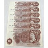 6 un-circulated consecutively numbered old 10 Shilling bank notes.