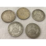 5 x George V silver One shilling coins.