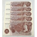 5 un-circulated consecutively numbered old 10 Shilling bank notes.