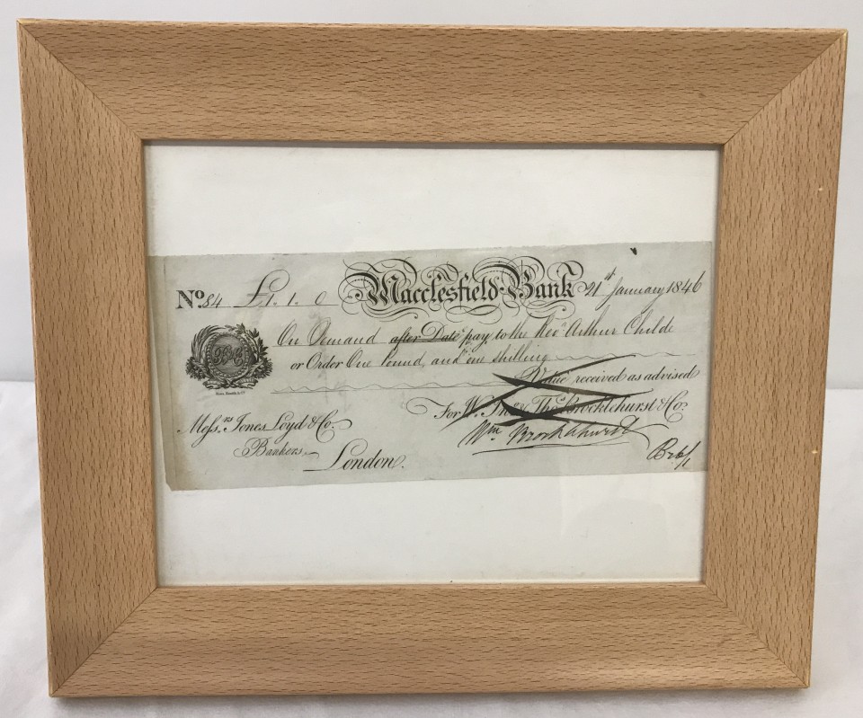 A framed Victorian cheque. Dated 1846 from Macclesfield Bank.