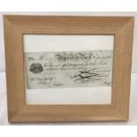 A framed Victorian cheque. Dated 1846 from Macclesfield Bank.