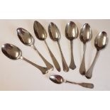 A collection of 8 continental silver dessert, table and teaspoons.