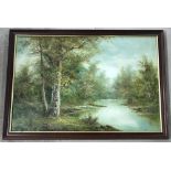 A large framed oil on canvas of woodland and river. Signed to bottom Left C. Inness.
