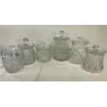 6 clear glass cut crystal lidded barrels and jars, to include Tudor and Thomas Webb.