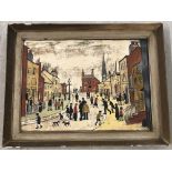 An over painted L.S.Lowry print, A Lancashire Village 1935.
