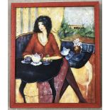 A wooden framed oil on canvas (mounted on board) of a woman having tea.