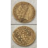 A 22ct gold 1734 Portuguese Joannes V 800 Reis (½ Escudo) coin. Minas Gerais (Brazil) Mint.