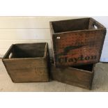 3 wooden crates to include Clayton and BFD advertising.